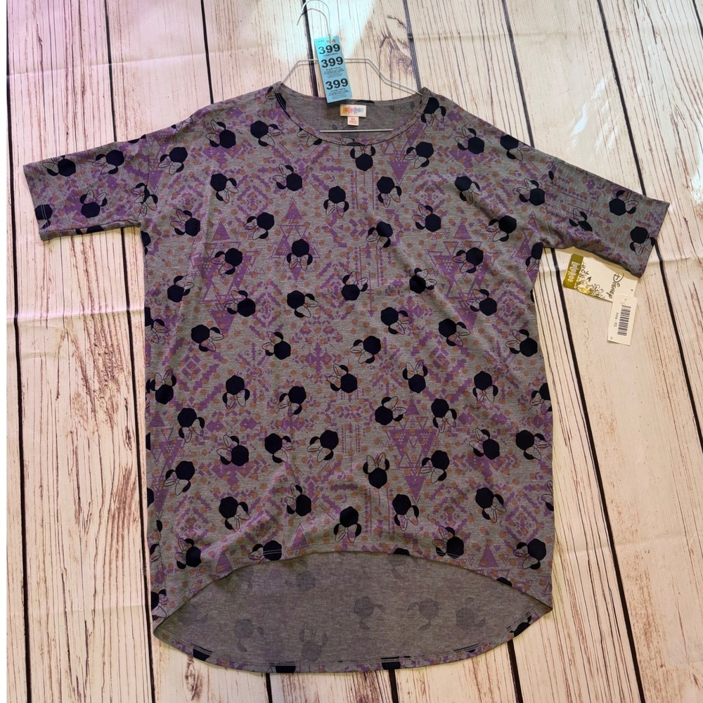 LuLaRoe‎ Disney Irma Tunic Top Womens XS Minnie Mouse Grey Purple High Low NEW